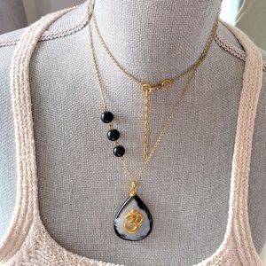 Long gold Om Aum crystal necklace yoga jewelry